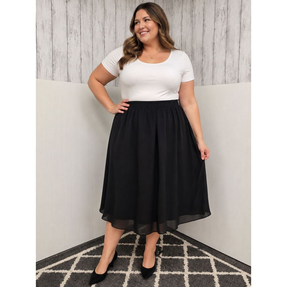 Vintage Black Chiffon Midi Skirt Size 20W Plus Size Elastic Waist Lined